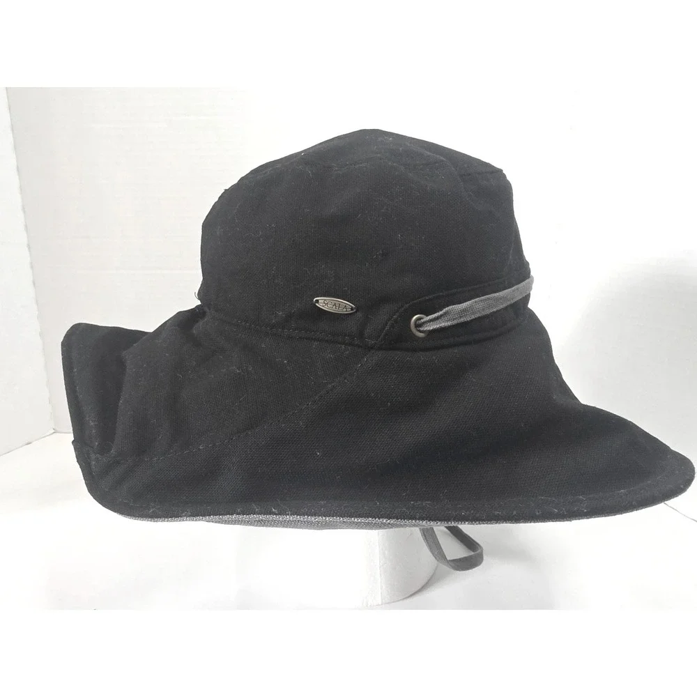 Scala Black Cotton Canvas Wide Brim Sun Hat Adjustable Chin Strap OSFM Australia